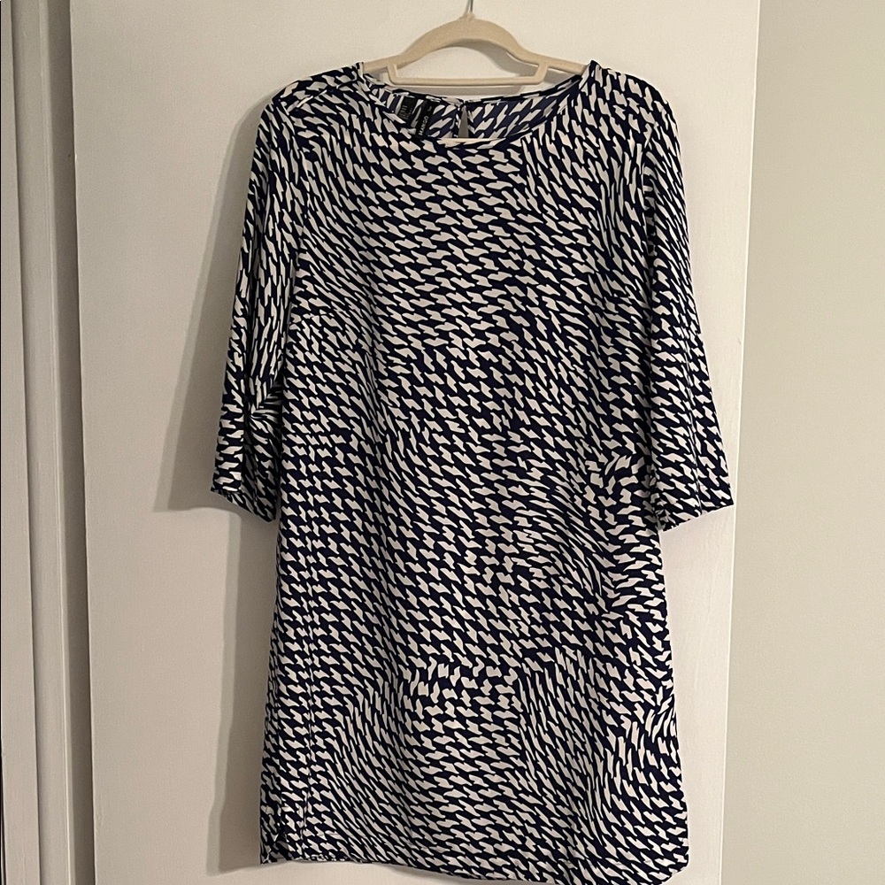Mango Long Sleeve Navy and White Dress